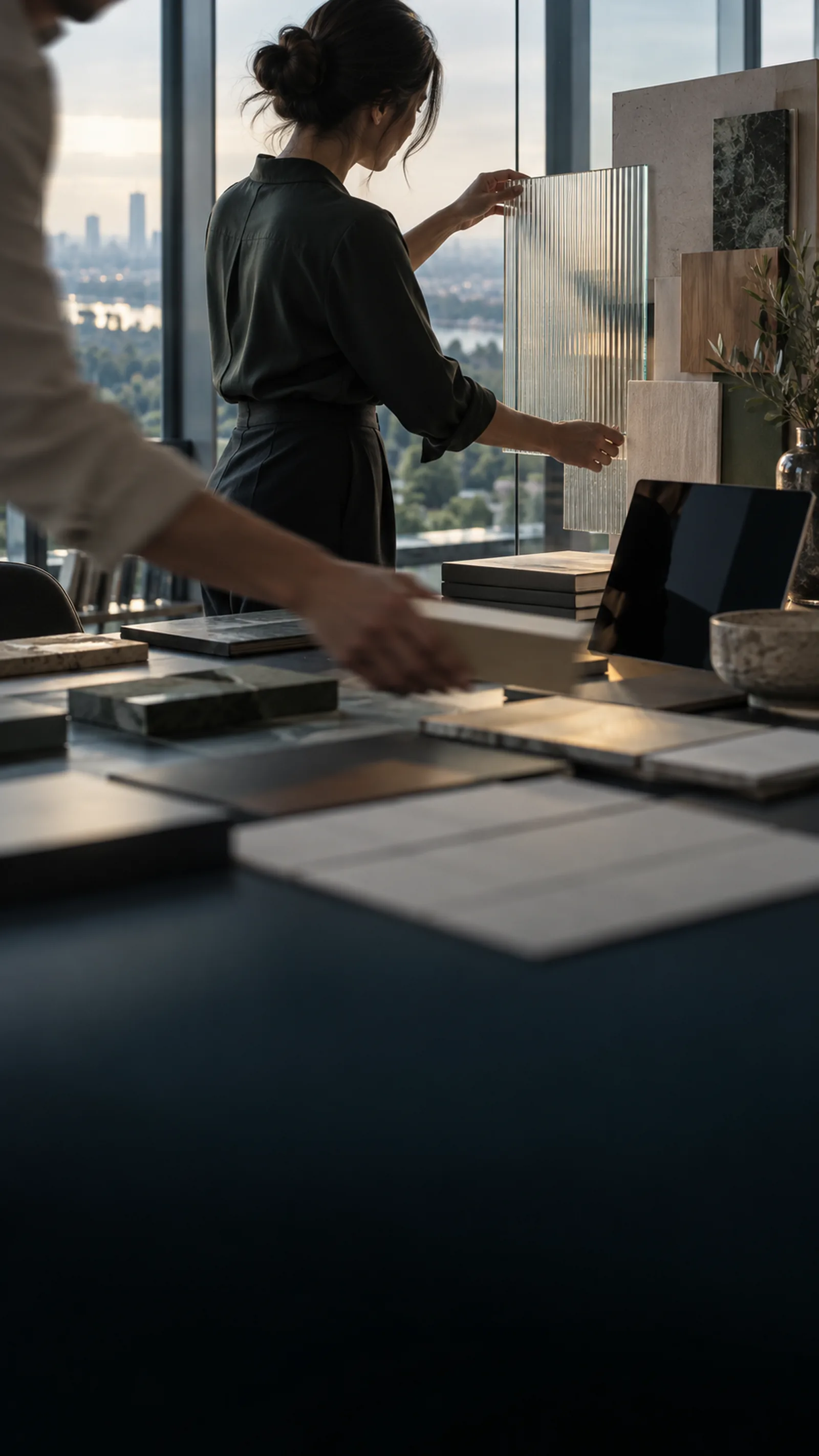Two people lay out material samples on a long table by a city window, one setting down a sample while the other arranges a sample board.