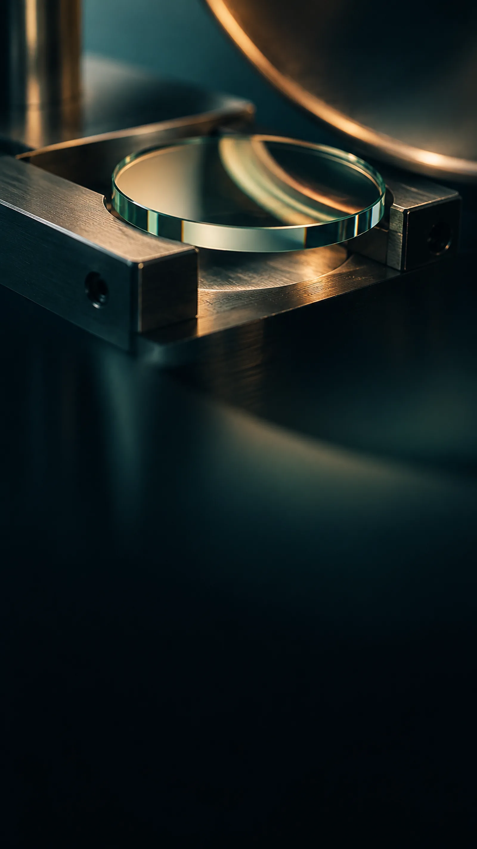 A clear glass disc rests in a brushed metal holder, lit by warm side light against a dark background.