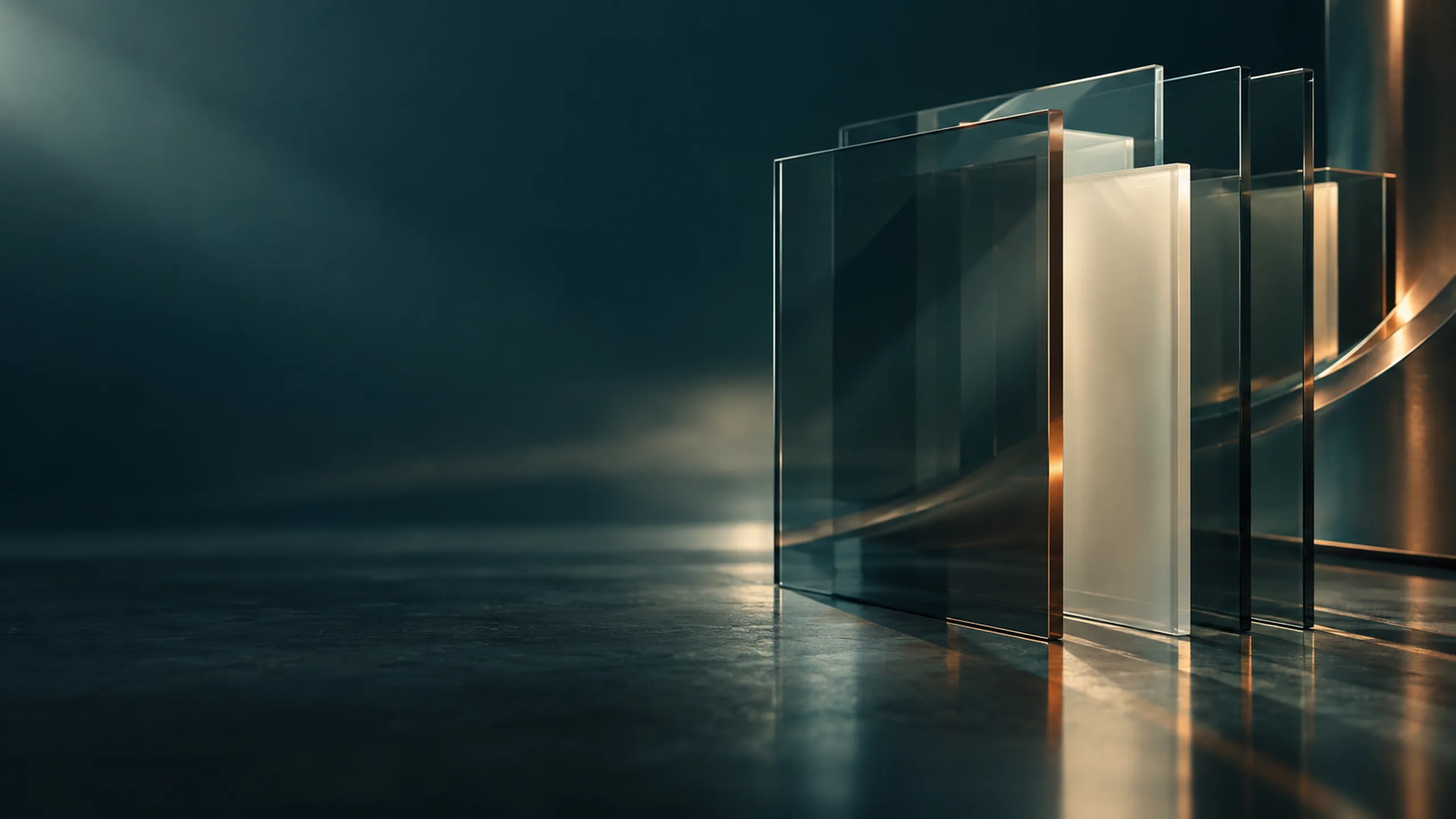 Panes of clear, tinted and frosted glass stand in a row on a dark floor, lit by warm light from one side.