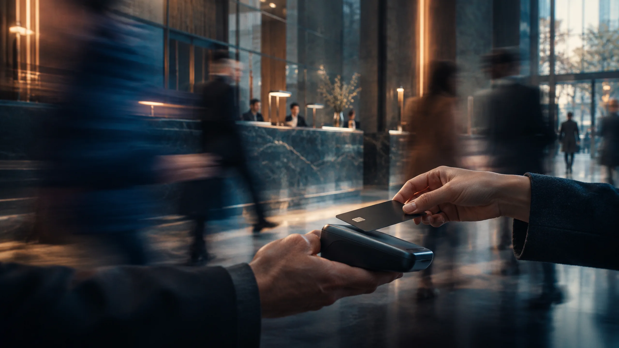 In a marble bank lobby, one hand holds out a card toward a payment terminal while blurred people walk past the reception desk.