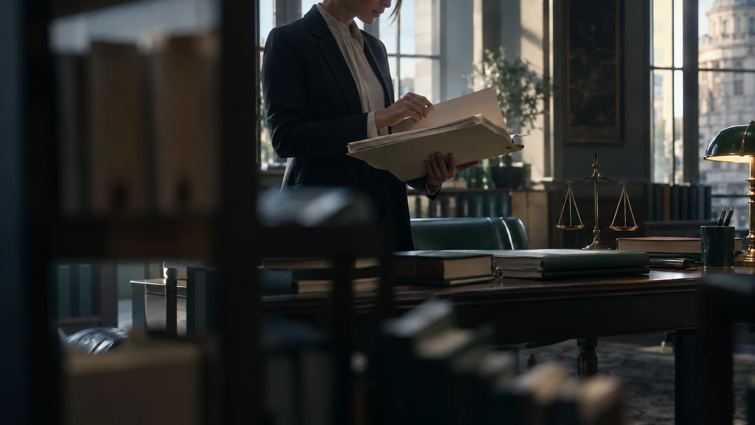 A woman in a dark suit reads through a thick file in a book-lined office with brass scales and a green desk lamp.