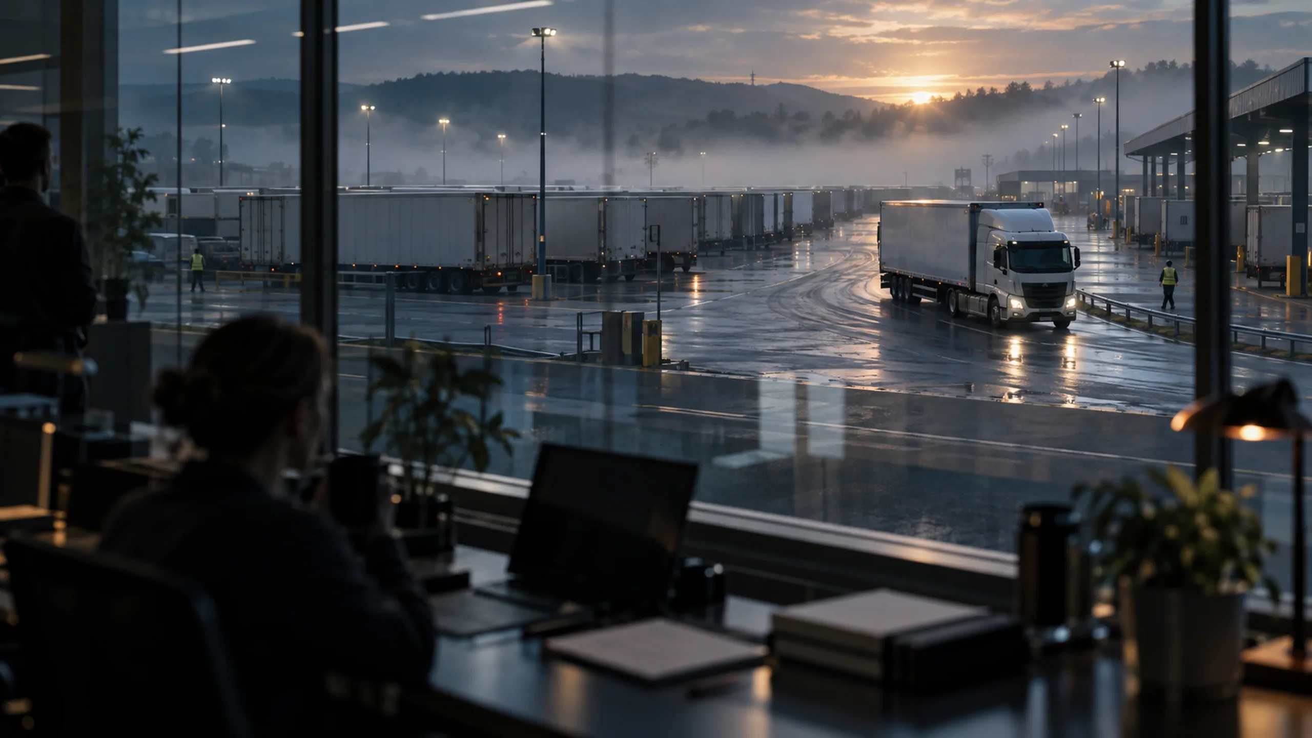 A planner at a desk looks out over a rain-wet truck yard at dusk, with trailers lined up and one truck pulling away.