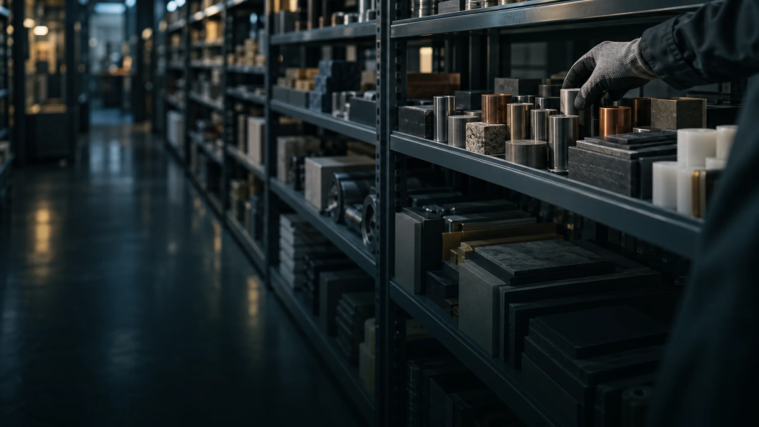 A gloved hand takes a metal cylinder from long steel shelves stocked with blocks and rods of metal, stone and plastic.