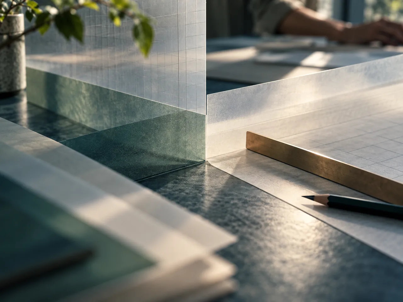 Translucent grid panels stand on a dark desk beside a brass ruler and pencil, with a person working in soft light behind.