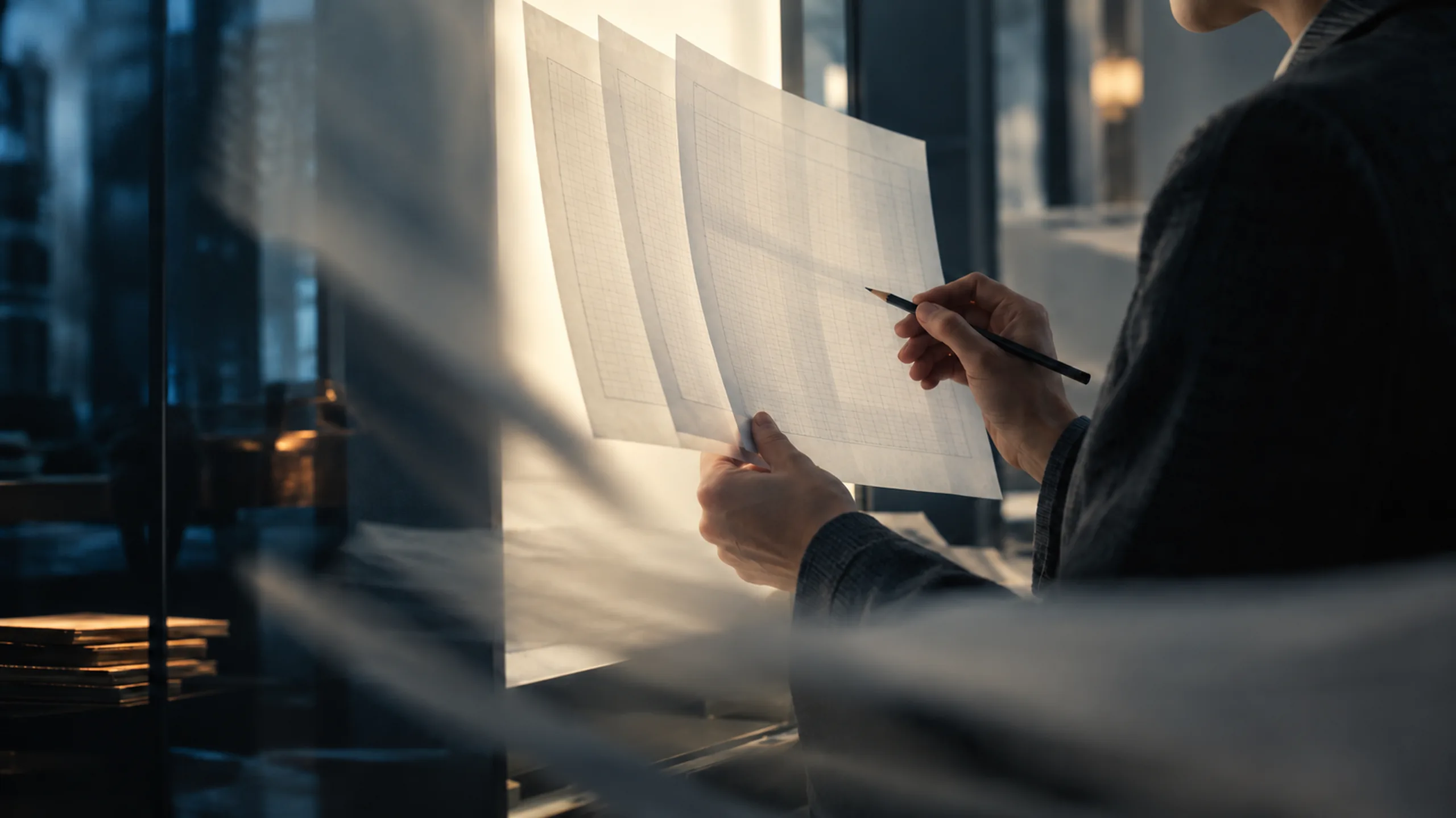 A person holds several sheets of grid paper up to a bright window, pencil in hand, in a dim office at dusk.
