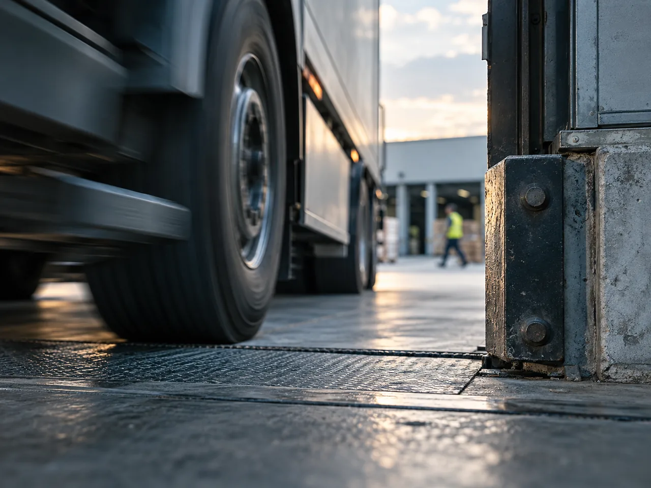 A low view of a truck wheel rolling past a loading dock bumper, with a worker in a safety vest walking in the background.