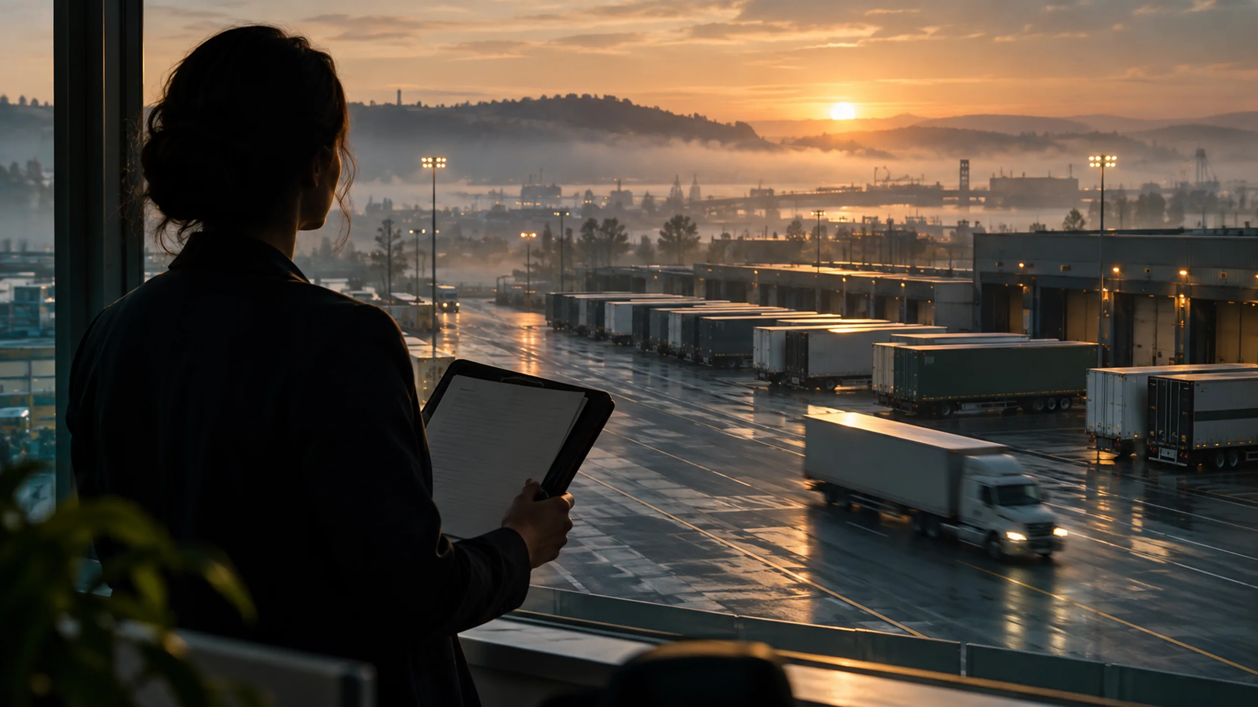 A woman holding a clipboard watches a truck cross a wet freight yard at sunrise from an office window, trailers parked in rows.