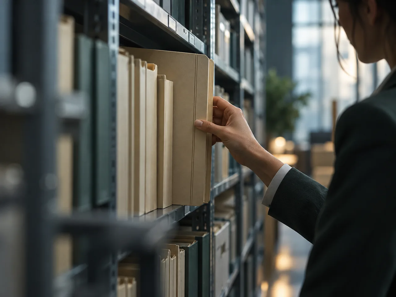 A hand in a dark suit sleeve pulls a tan file folder from a metal shelf lined with archive binders.
