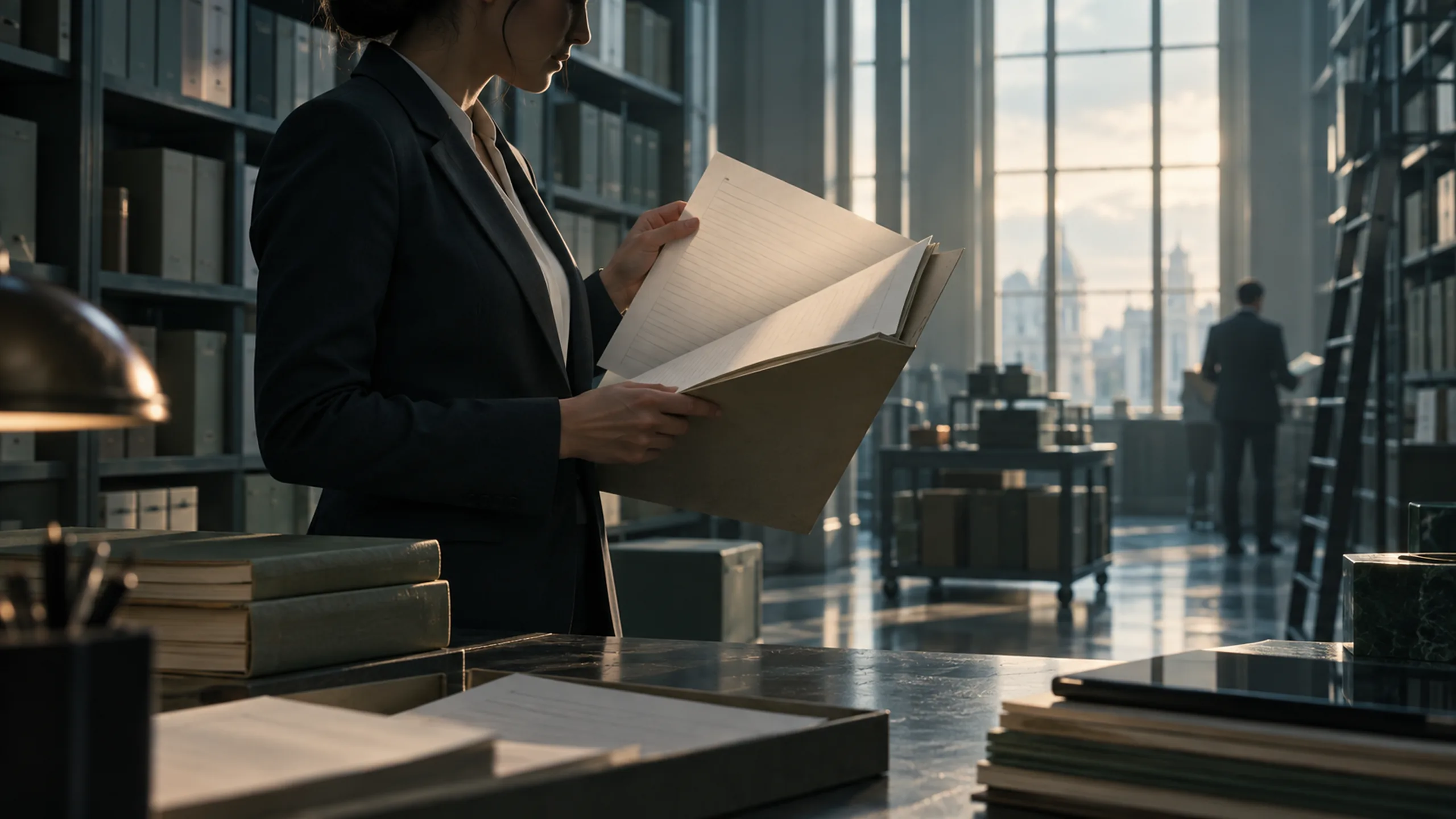A woman in a suit reviews papers from a file folder in a tall archive room, with shelves of boxes and a city view.