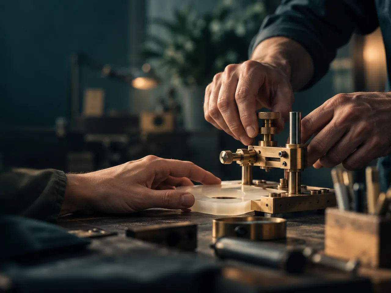 Hands adjust a small brass instrument on a workbench while another hand steadies a clear disc beside it.