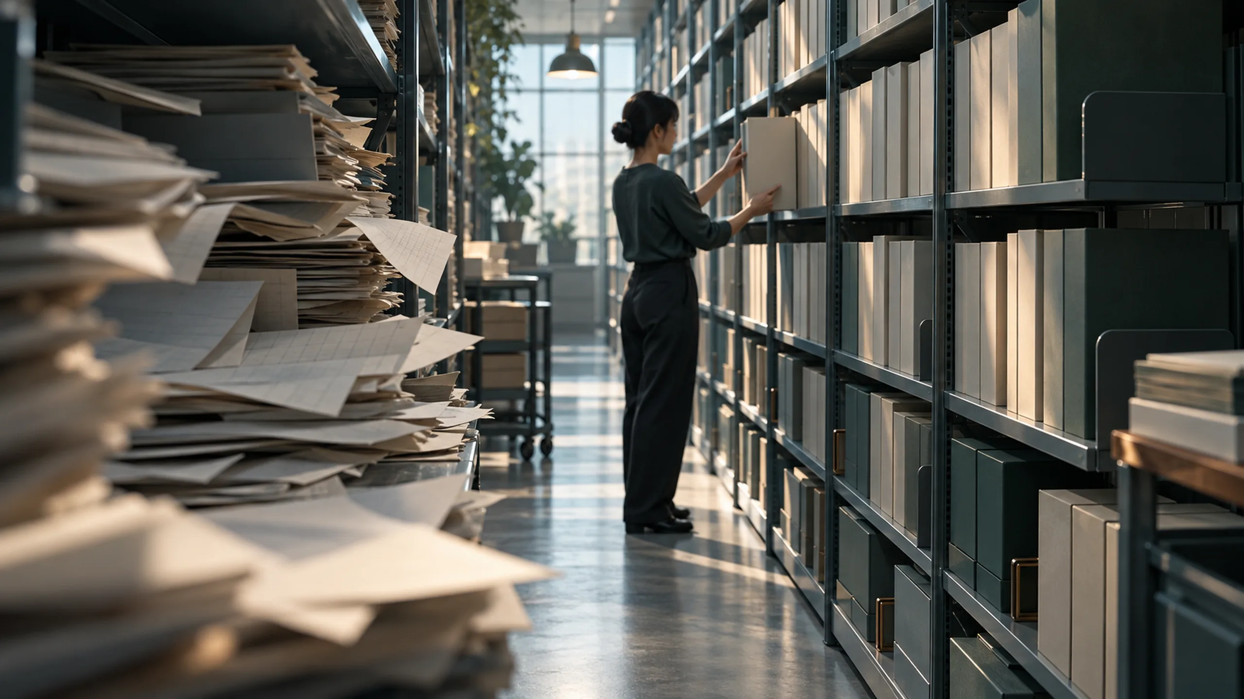 A woman places a box on long archive shelves while loose papers pile up on a cart in the foreground.