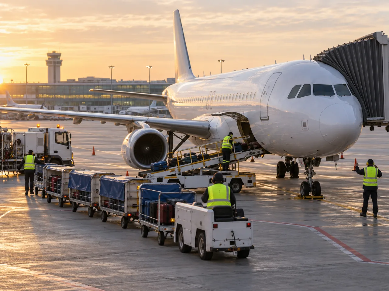 Ground crew load baggage carts onto a white airliner at a terminal gate at sunset.