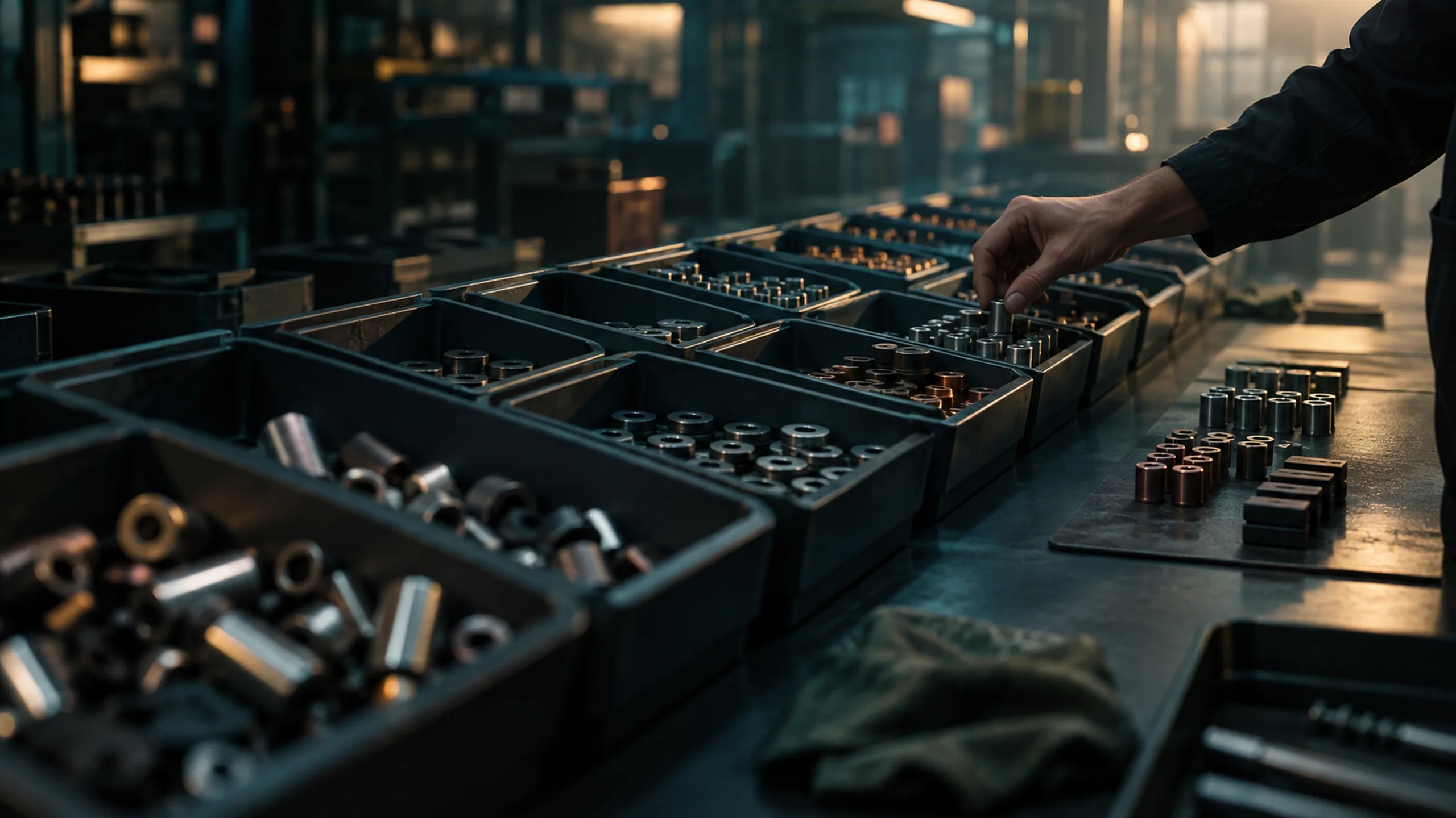 A hand picks a metal bushing from rows of trays holding sorted machine parts on a workbench in a dim workshop.