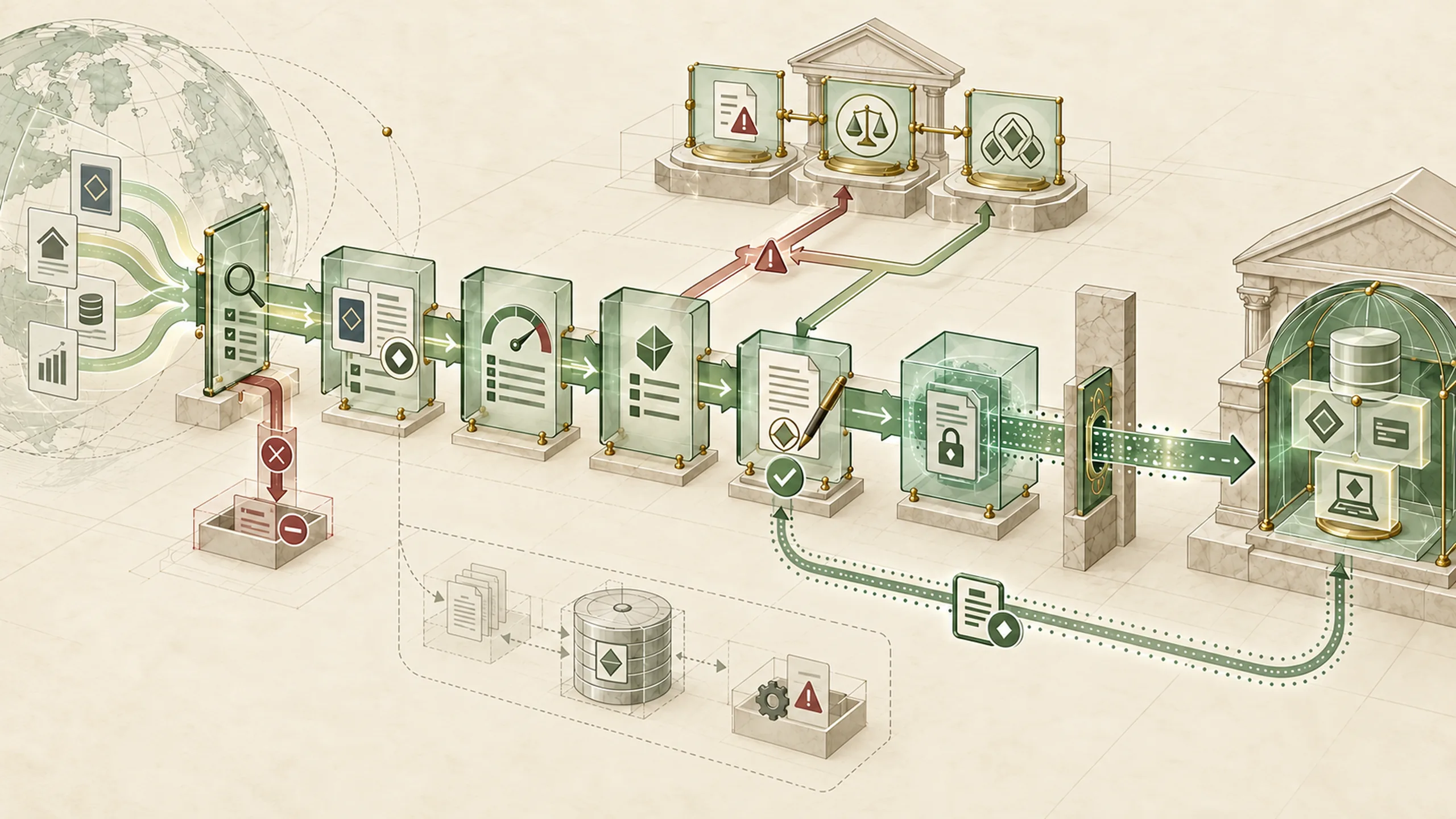 Applicant documents move through a row of glass checkpoints for review, scoring and signature, with rejections diverted, before reaching a secure bank vault.