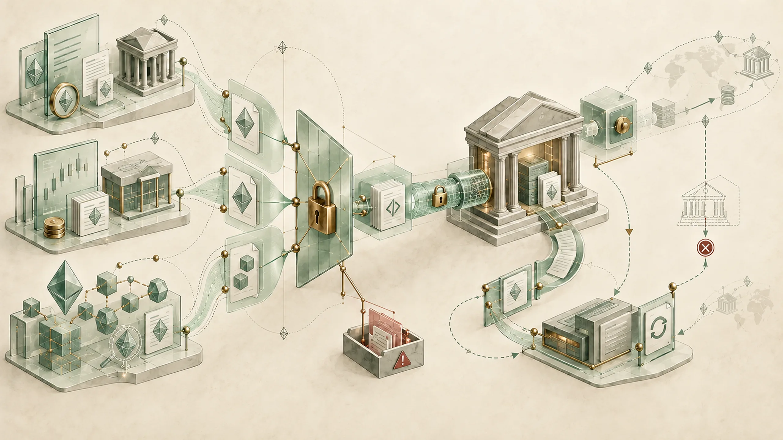 Three trading platforms send documents through a central lock gate to a bank building, with flagged items routed to a red alert tray.